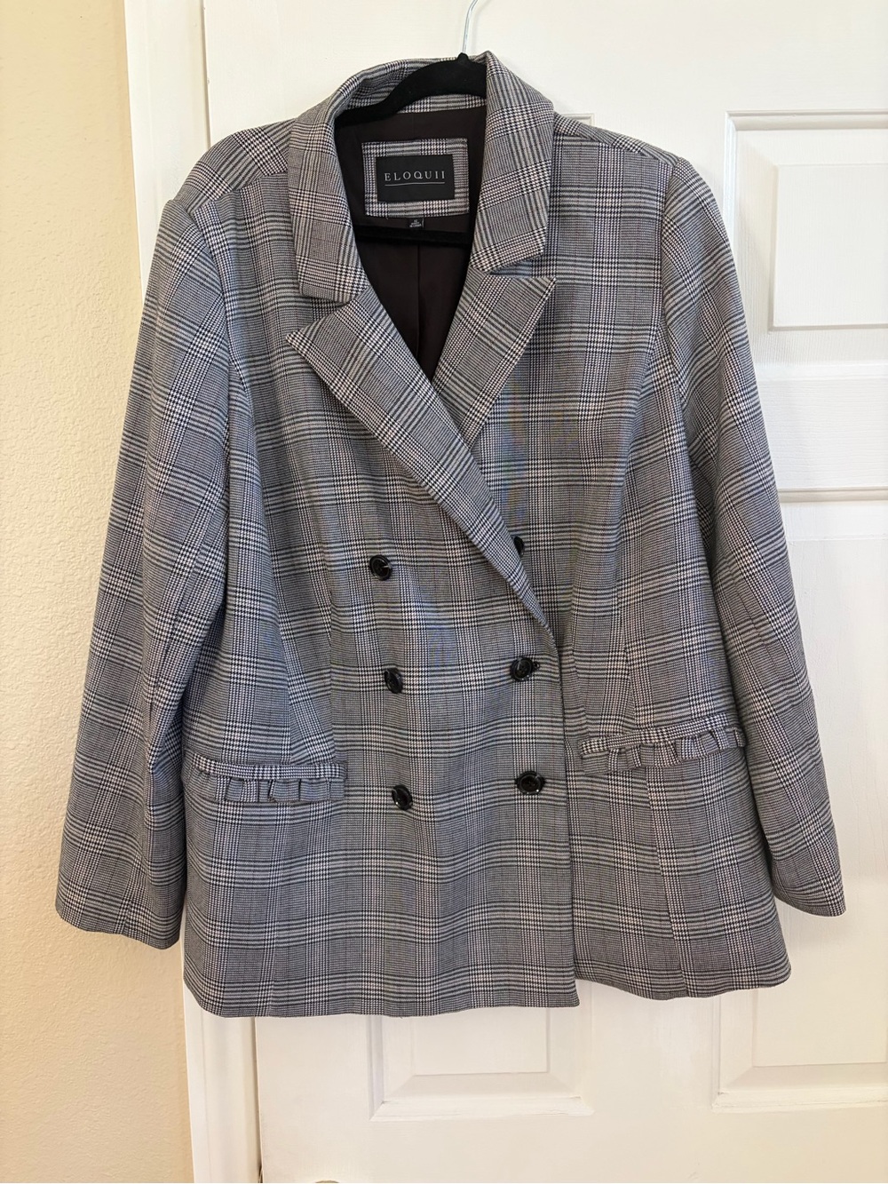 Eloquii Gray Glen Plaid Double-Breasted Blazer with Black Buttons